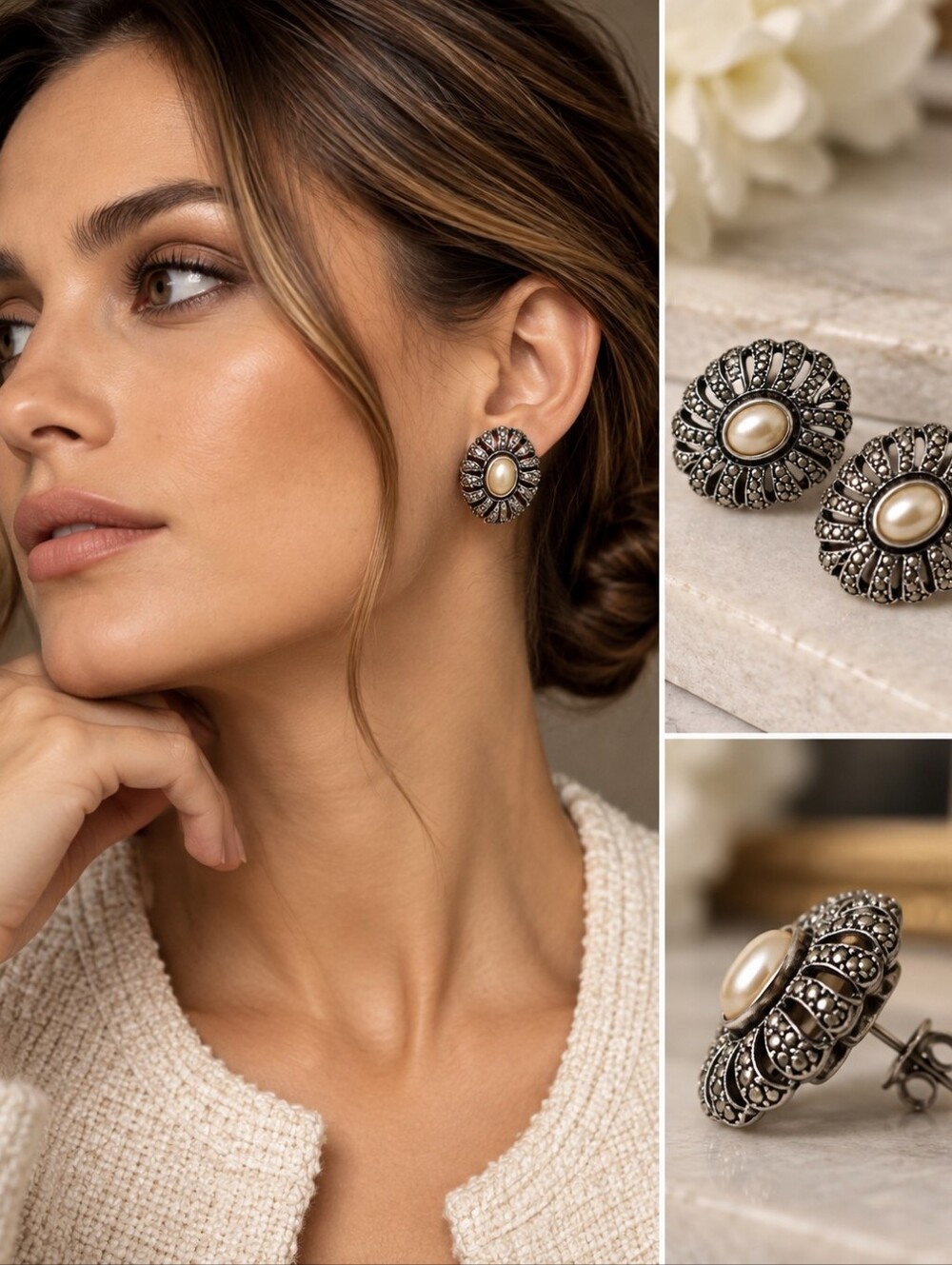 Silver Tone Pearl Floral Statement Stud Earrings